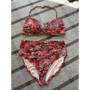 Garnet Hill Bandeau Ruched High Waist Bikini Set Red Blue Floral 16 Women’s